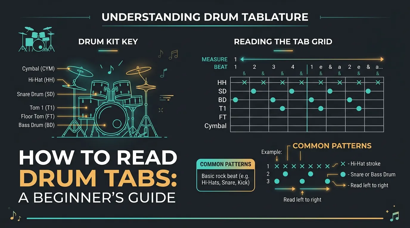 Drum tab line map showing cymbal, snare, kick, and tom rows with time moving left to right