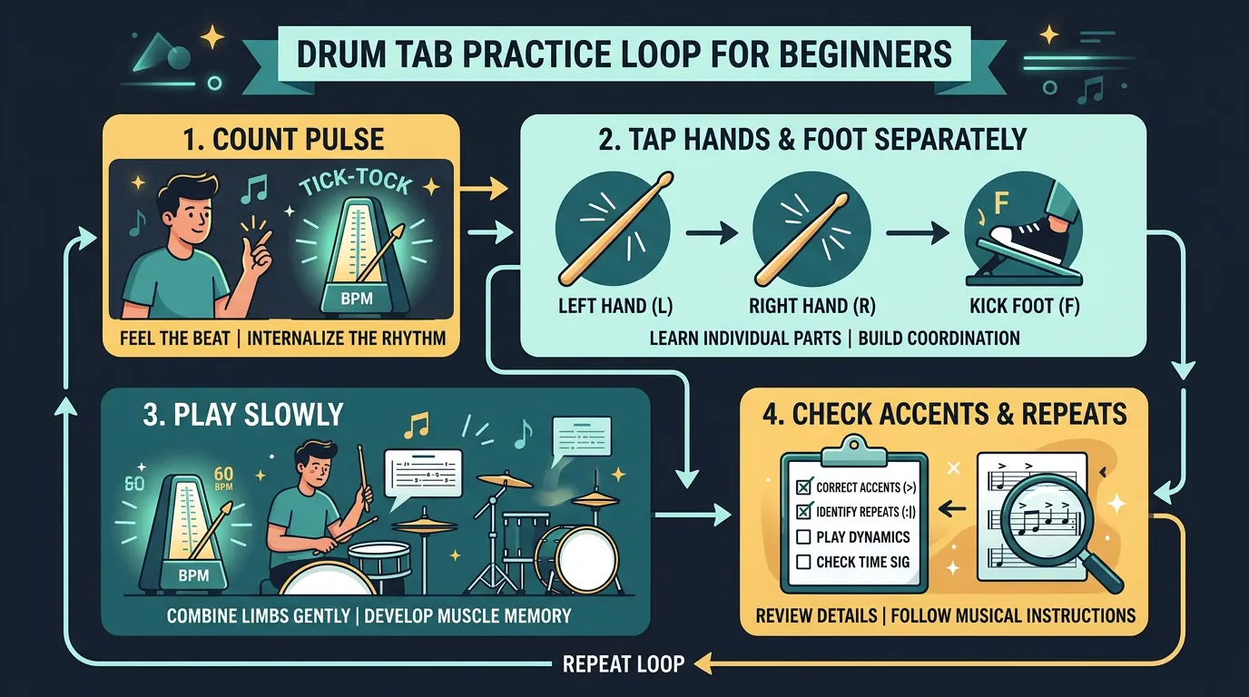 Beginner drum tab practice loop from counting pulse to playing slowly and checking accents