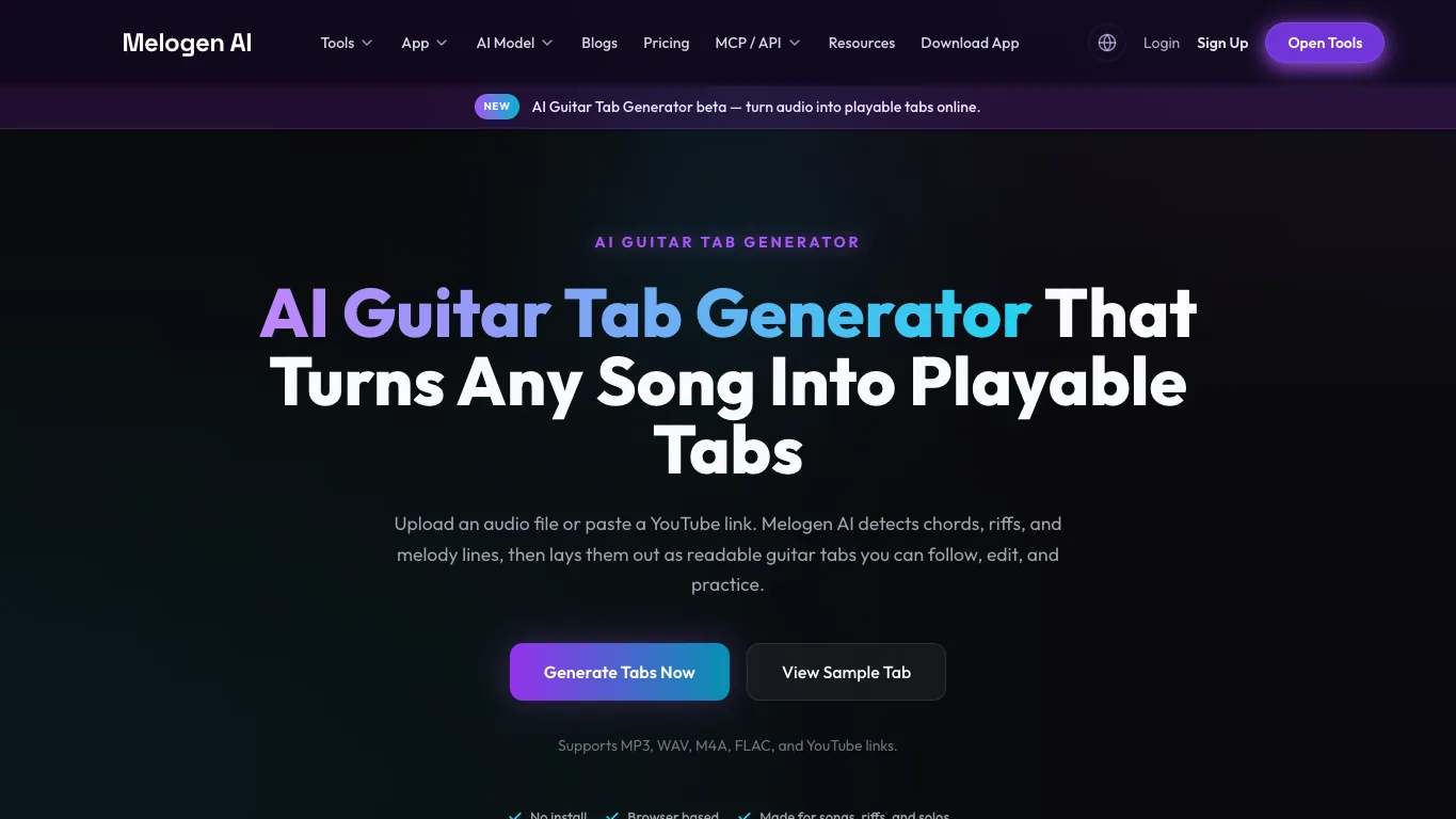 Melogen AI Guitar Tab Generator product page showing the browser upload workflow and playable tab positioning