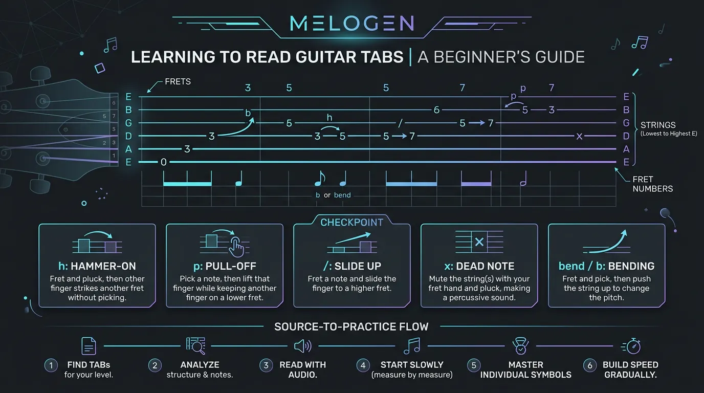 Guitar tab reading map showing string lines, fret numbers, rhythm cues, and symbol checks