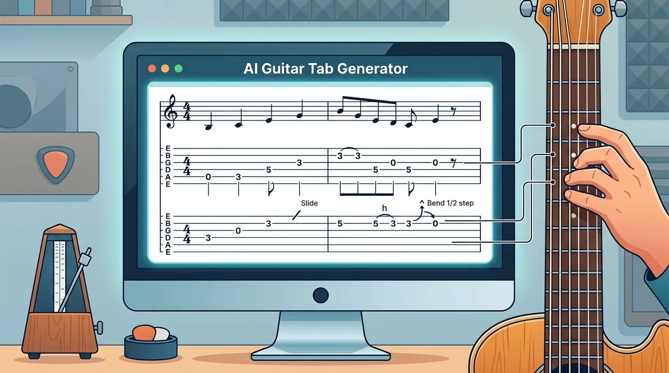 Guitar tab and fretboard diagram for learning how to read tabs