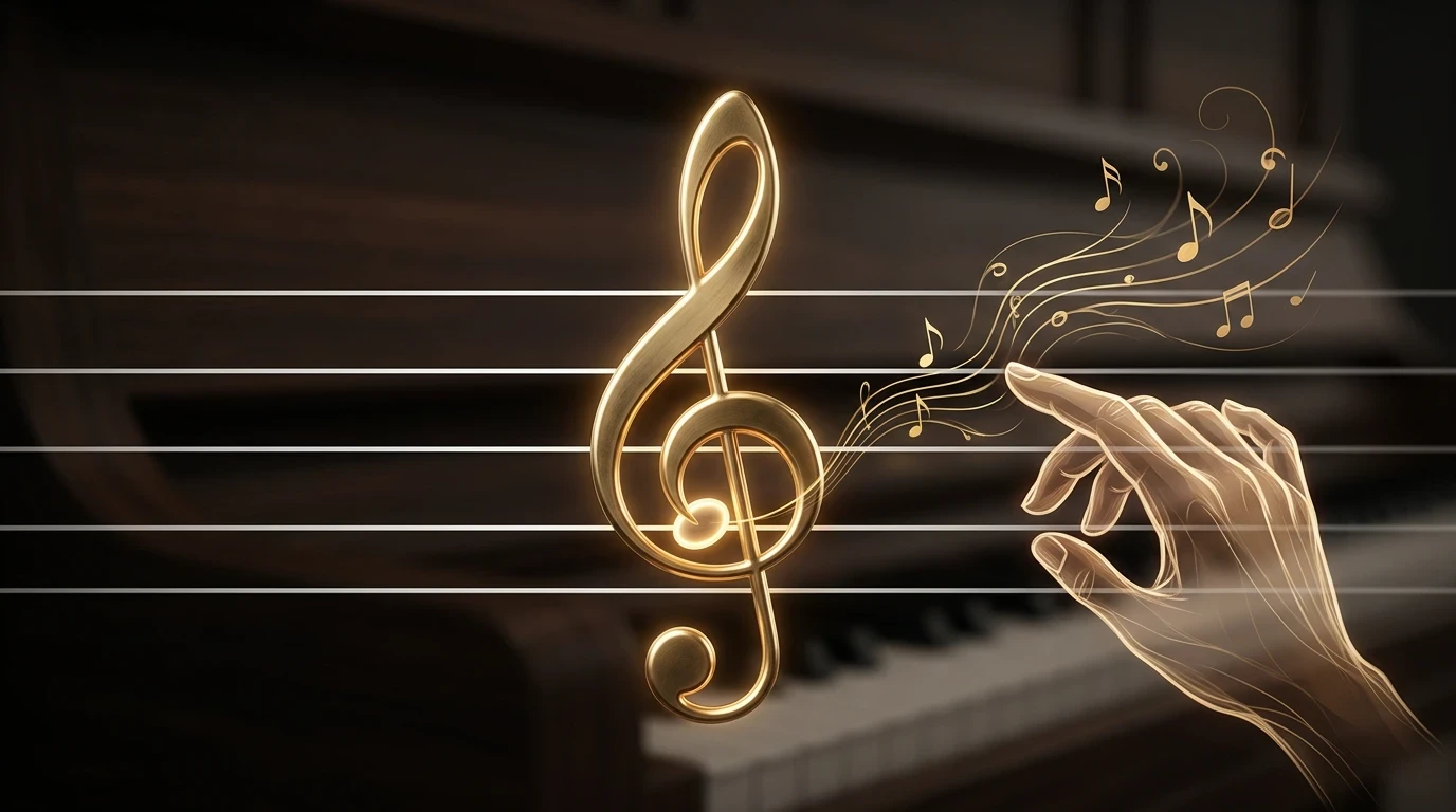 Illustration for treble clef: the voice of the right hand — The Treble Clef is also known as the G-Clef. If you look closely at its eleg