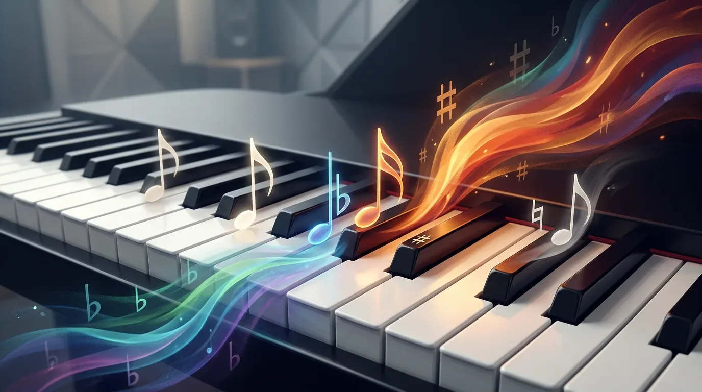 Illustration for accidentals: the black keys and color — Music would be quite plain if we only used the white keys of the piano. To add "