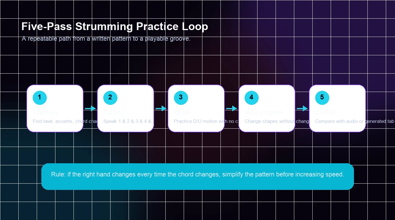 Five-pass practice loop for reading and playing guitar strumming patterns