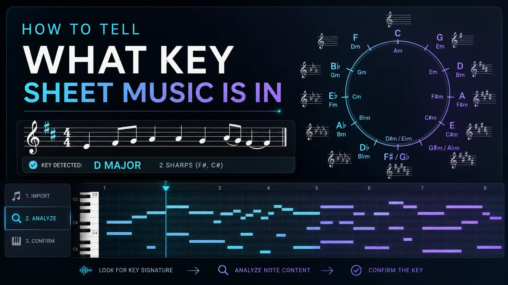 Tonartvorzeichen einer Partitur mit Quintenzirkel und MIDI-Playback-Hinweisen