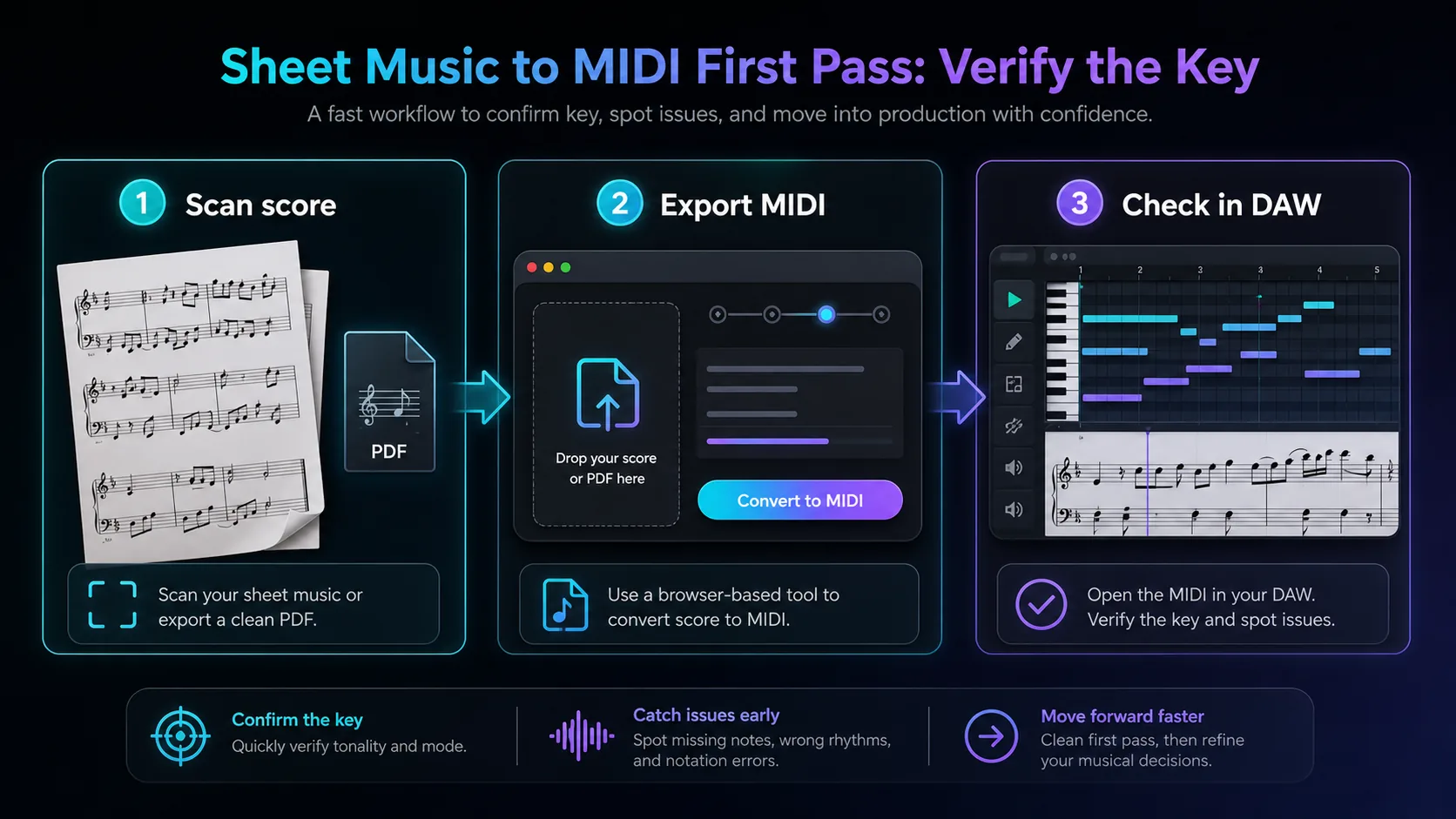 Melogen Workflow von gescannter Partitur zu exportiertem MIDI und DAW-Tonartcheck
