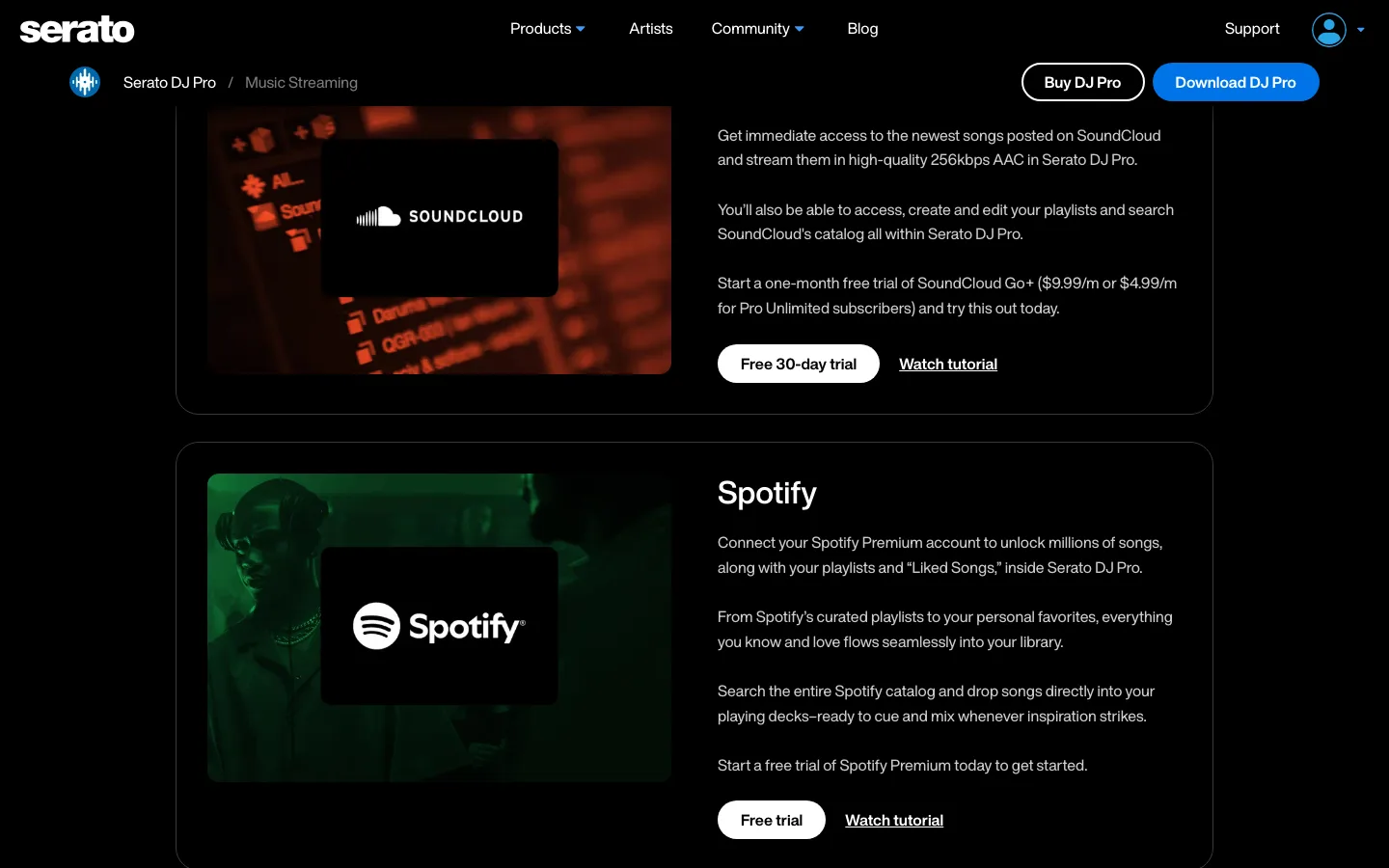 Official Serato music streaming page showing Spotify as a supported service