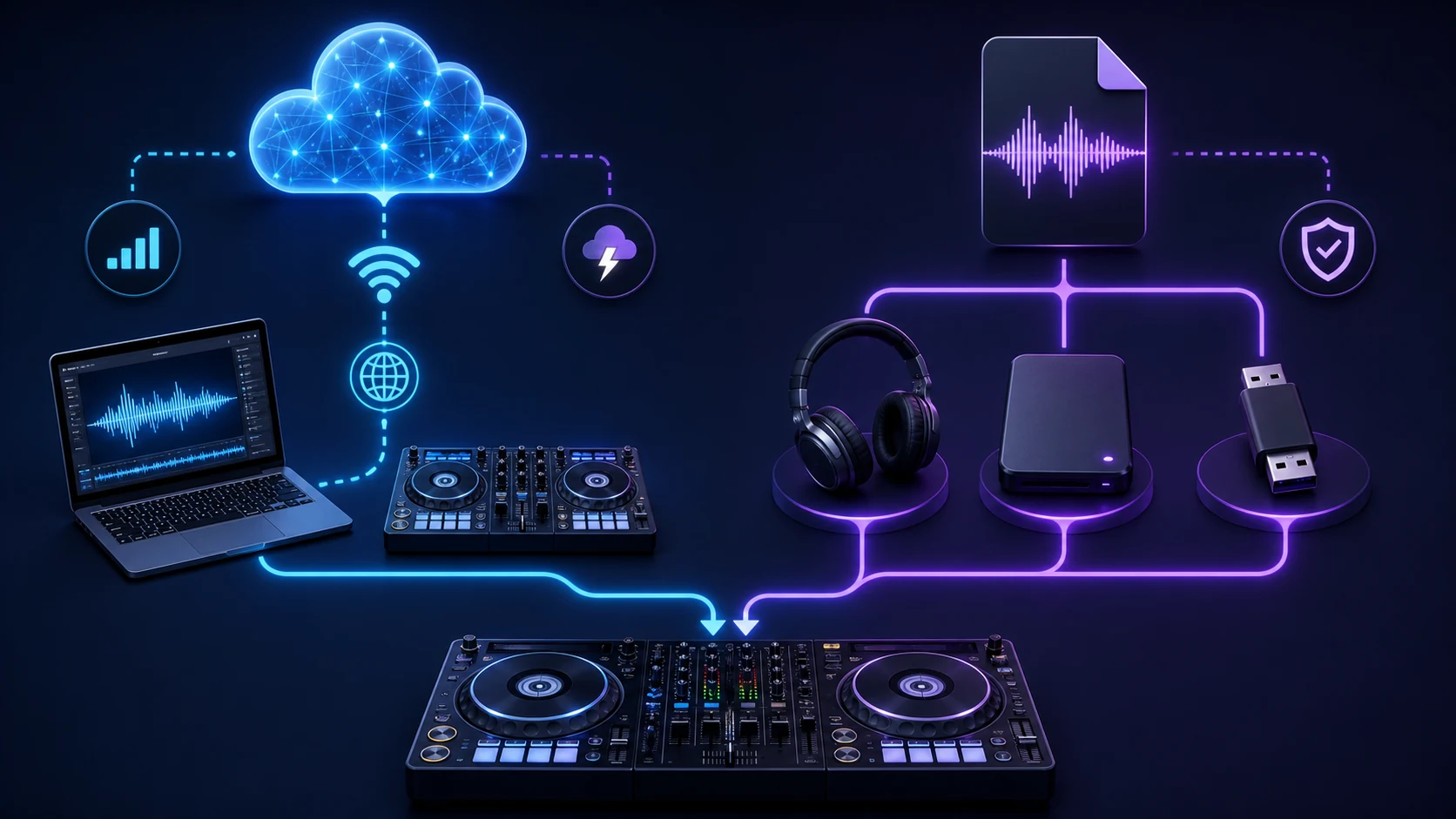 Two DJ performance paths comparing online streaming access with owned local audio preparation