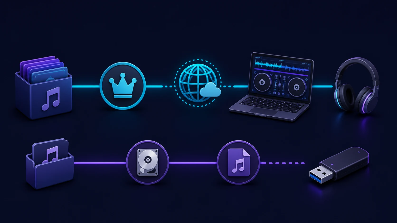 Conceptual streaming path from an online music library to a DJ setup