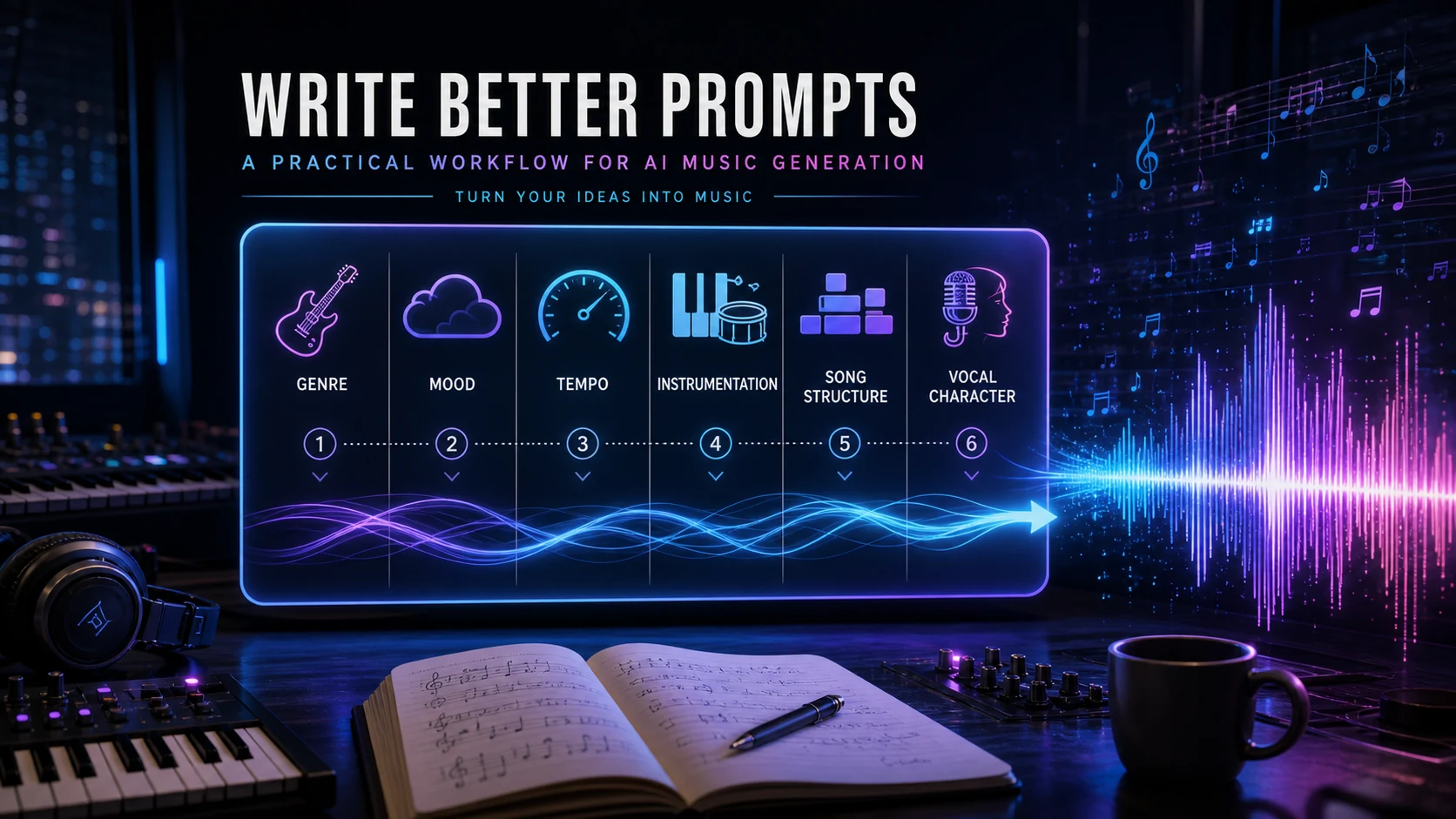 Suno AI music prompt recipe with genre, mood, tempo, instrumentation, structure, and vocal direction