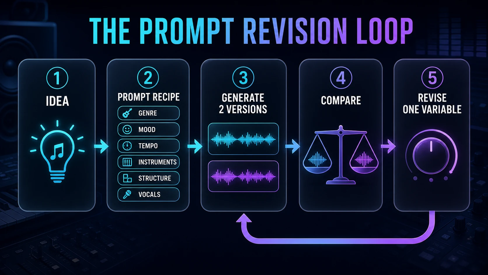 Five-step Suno AI music prompt revision loop from idea to controlled revision