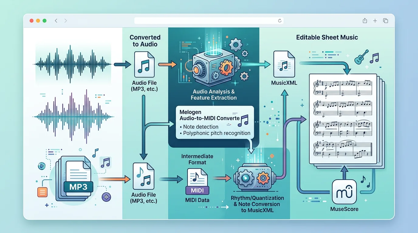 MP3-Audio, das über Transkription in einen MuseScore-Workflow für Notationskorrektur wandert