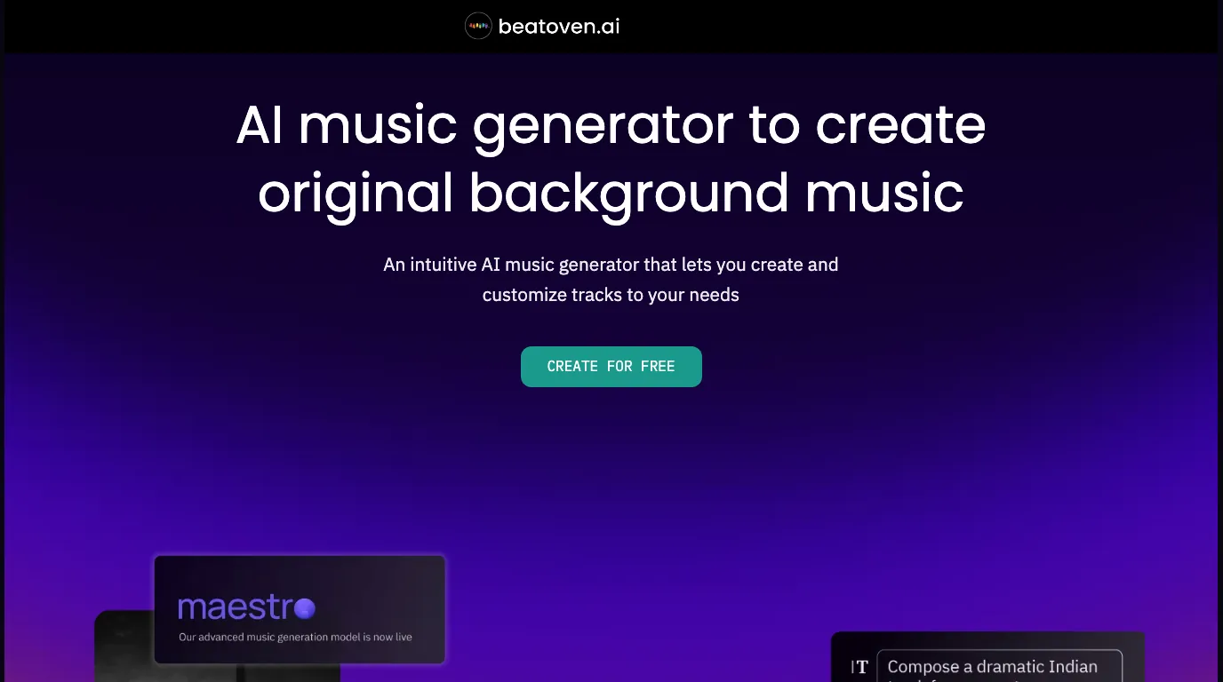 Beatoven.ai official page for creating original background music with AI
