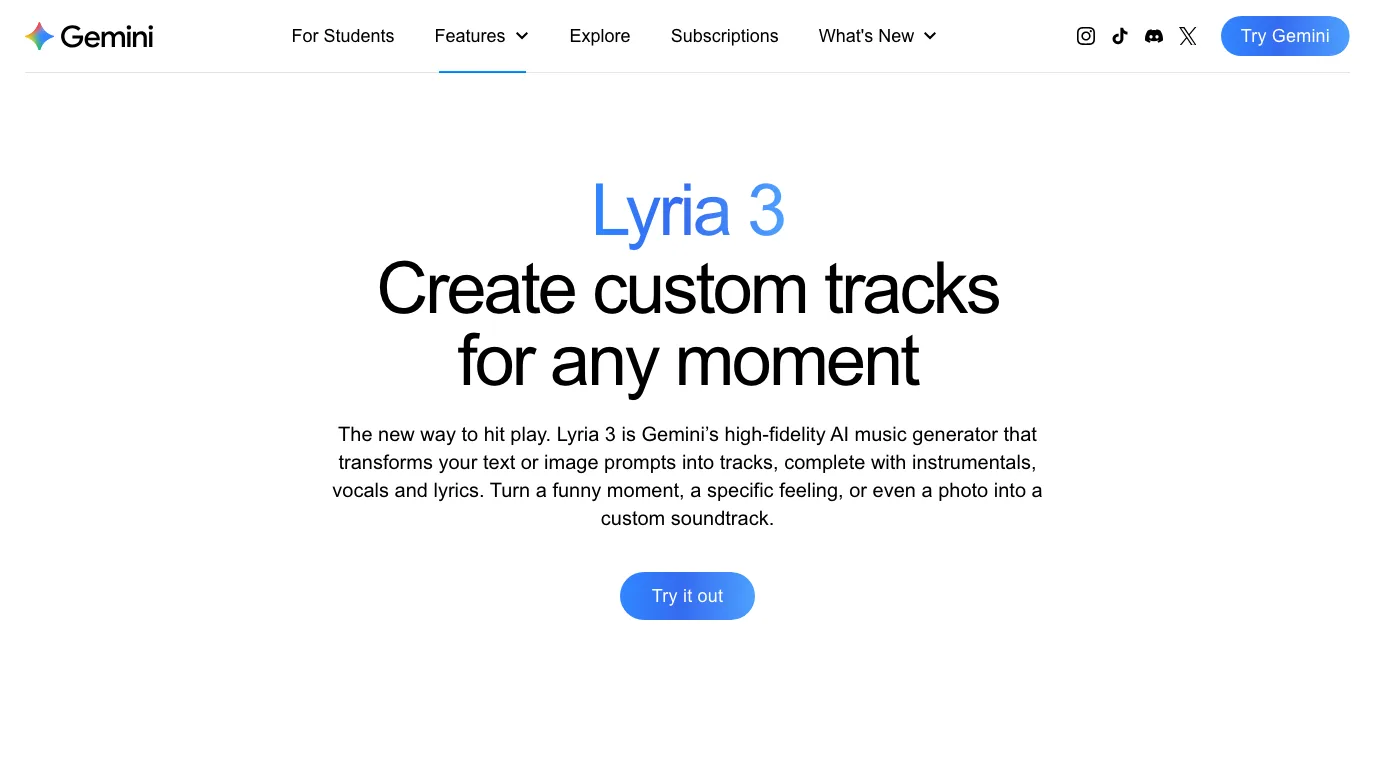 Gemini Lyria 3 official page describing custom track generation from prompts