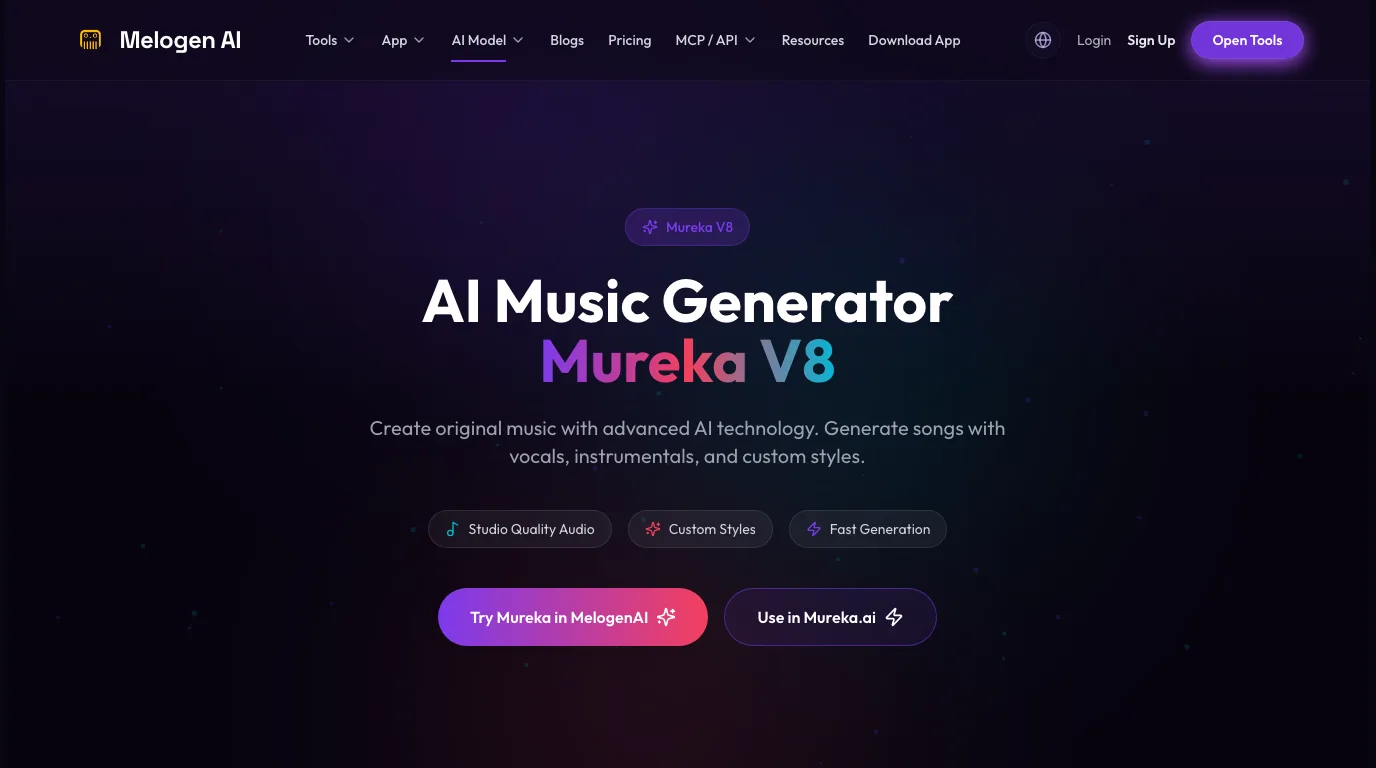 Melogen Mureka V8 model page showing AI music generation workflow positioning