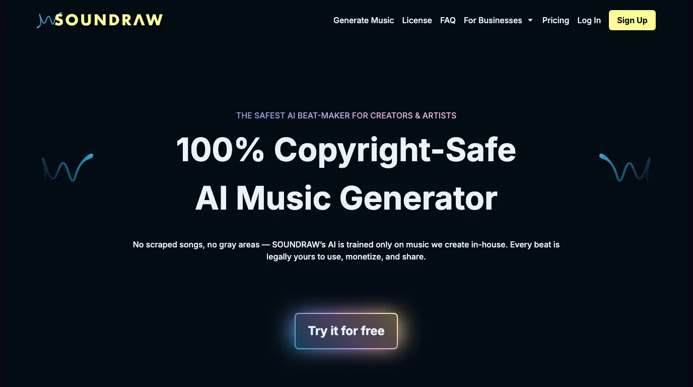 SOUNDRAW official AI music generator page focused on copyright-safe creator music