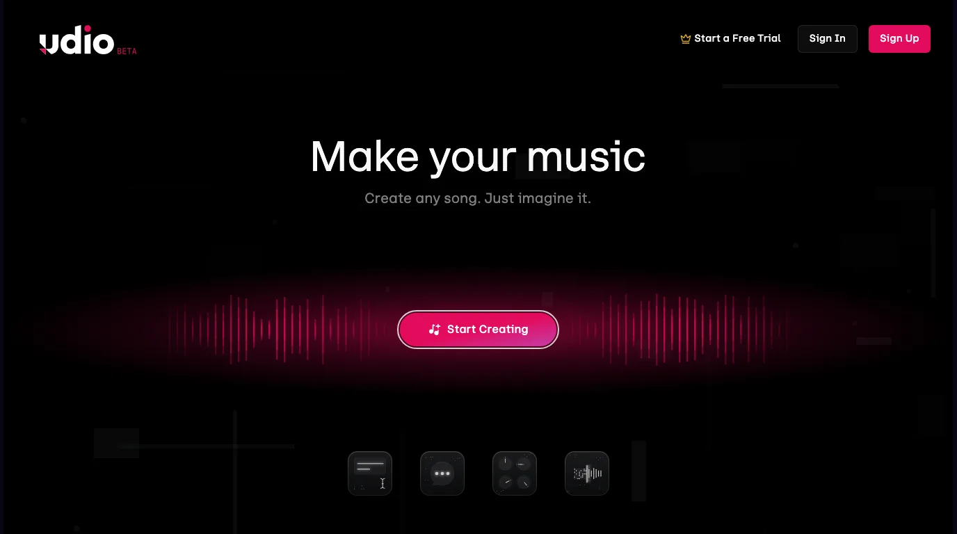 Udio official AI music generator page with a prompt-first song creation hero