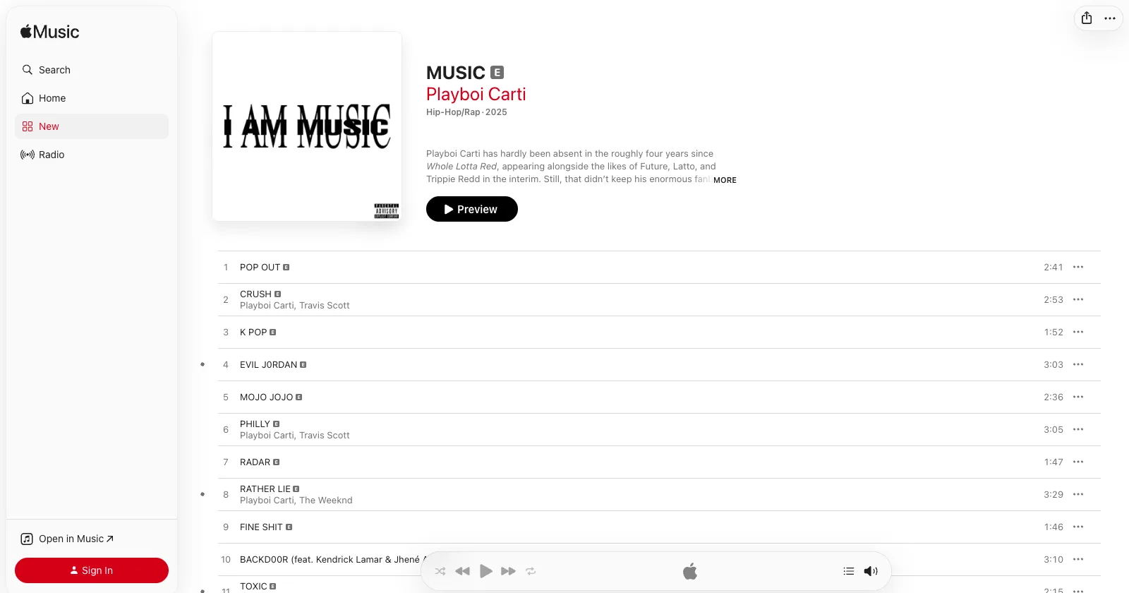 Apple Music public album page showing I AM MUSIC and its track list