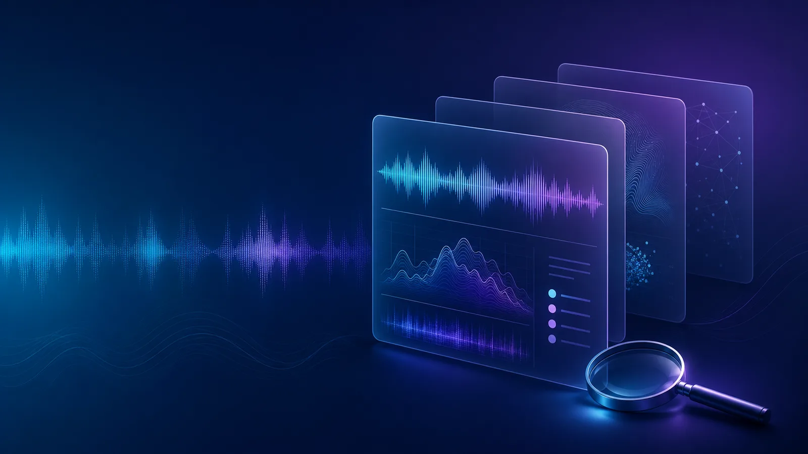 Abstract evidence cards, audio waveforms, and a magnifying glass used to investigate an AI music claim