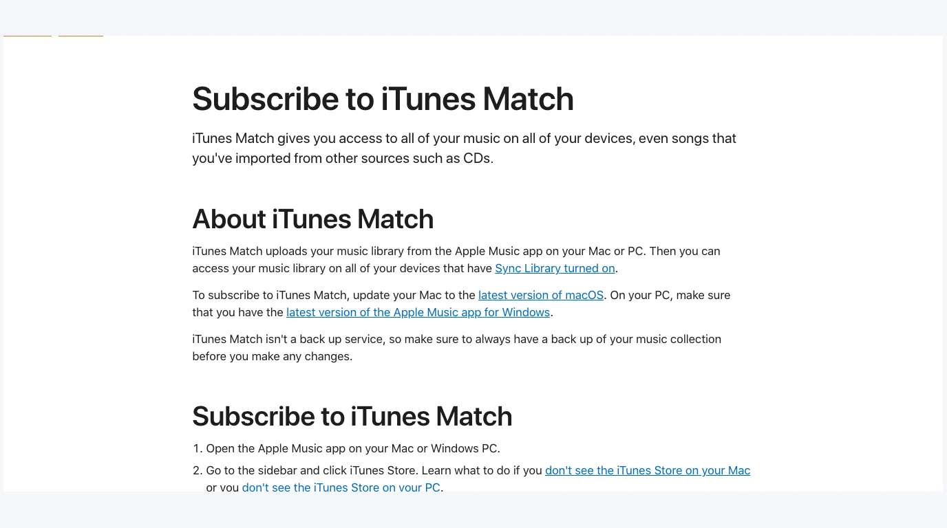 Apple support page screenshot for subscribing to iTunes Match