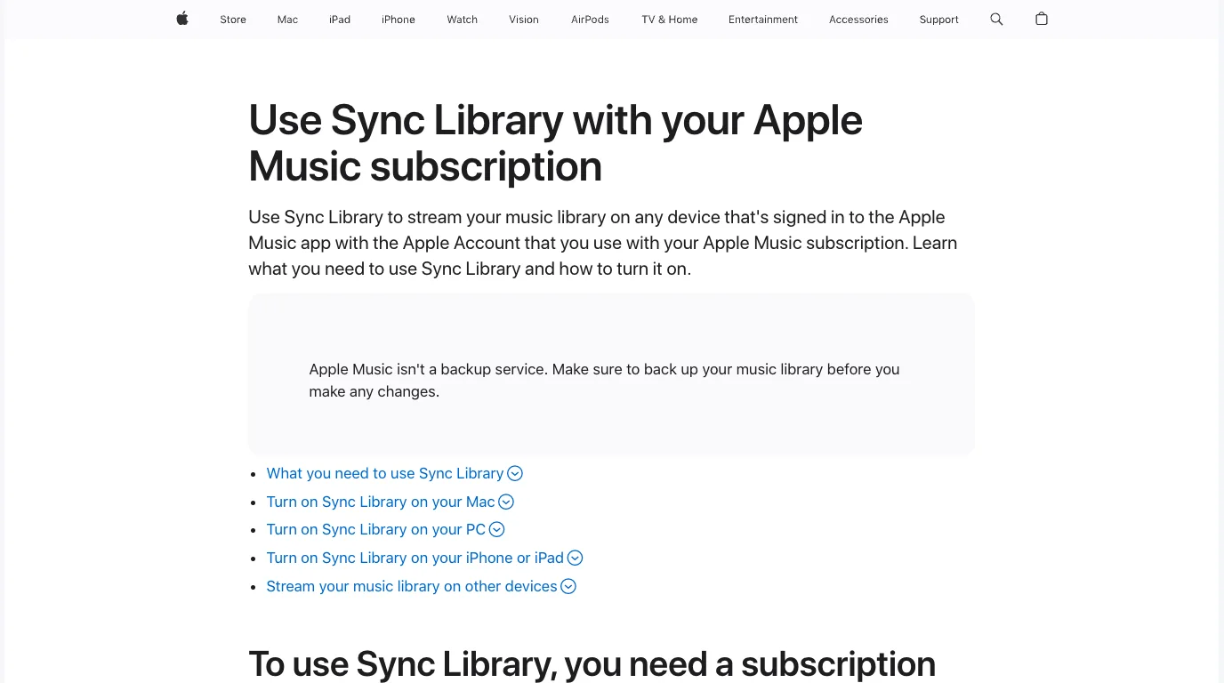 Apple support page screenshot for Sync Library with Apple Music