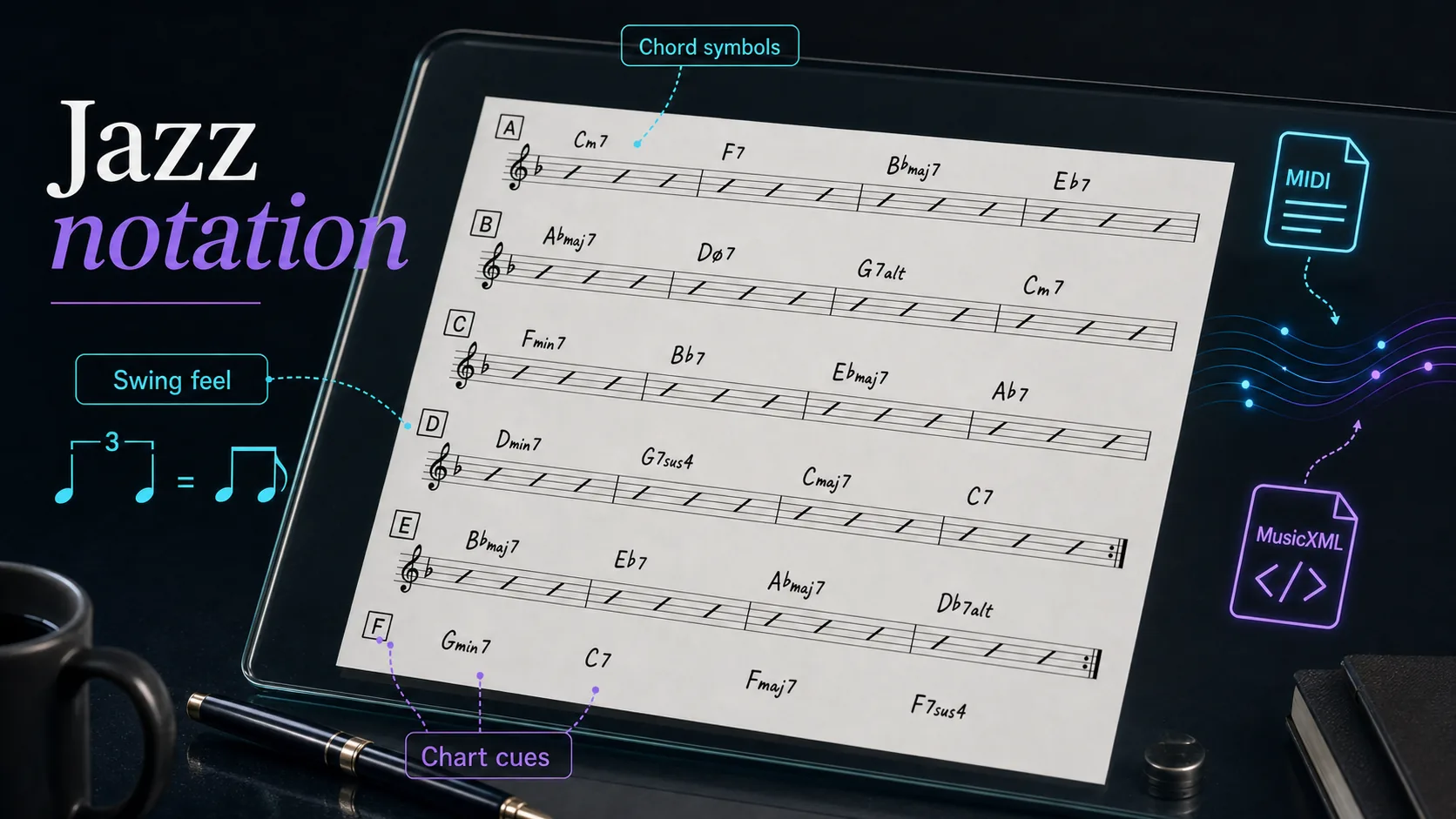 Fictional jazz chart showing chord symbols, swing feel, chart cues, and MIDI MusicXML handoff icons