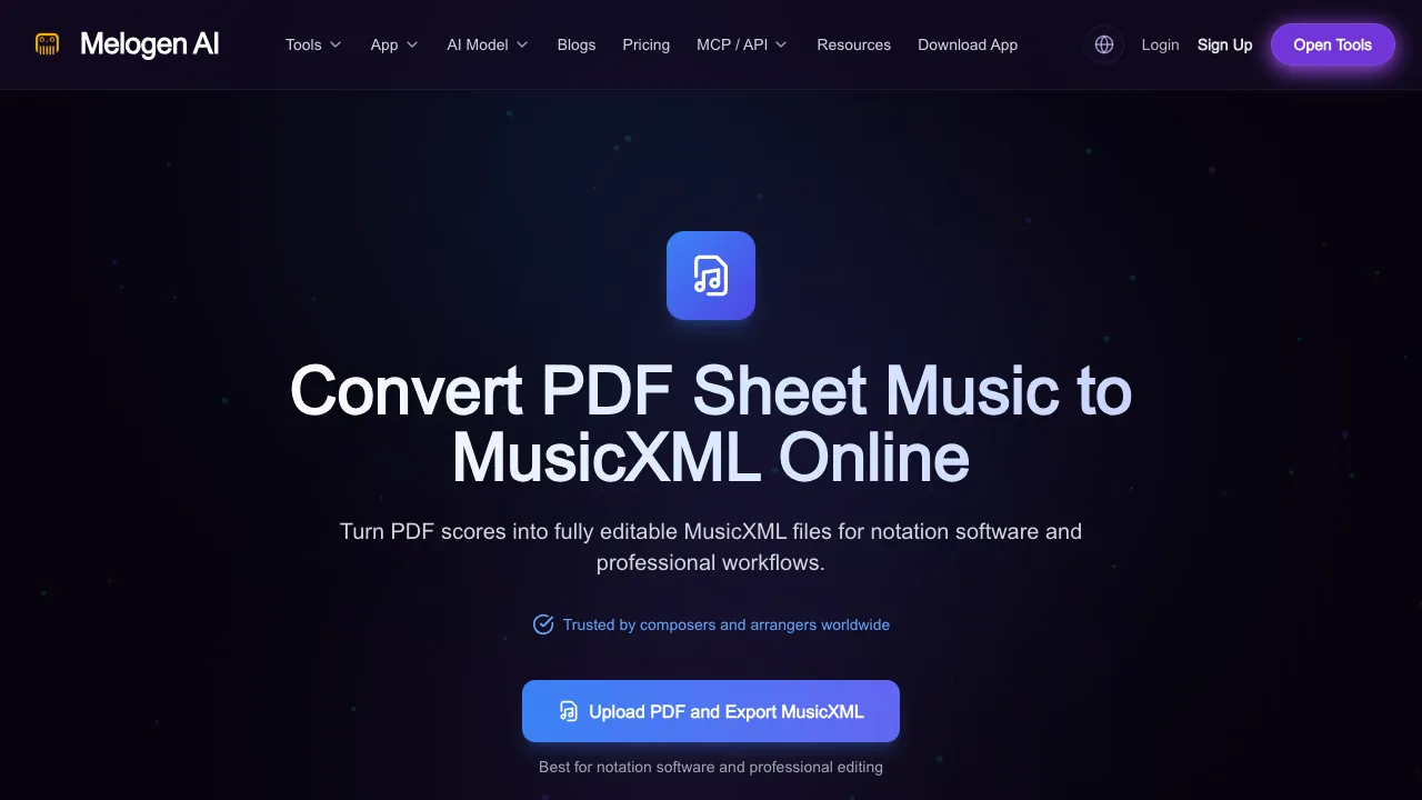 Melogen PDF to MusicXML product page for turning static jazz notation into editable score data