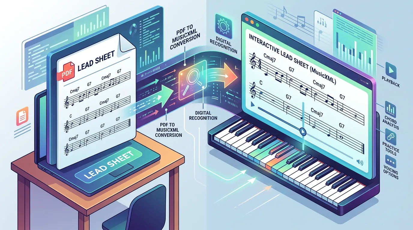 Piano lead sheet with melody, chord symbols, and workflow notes