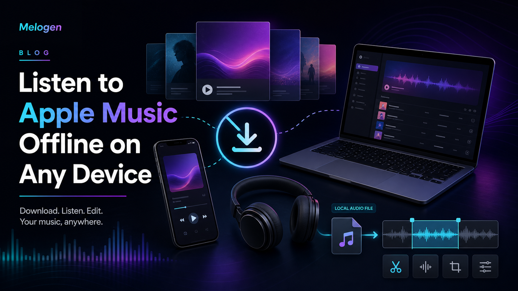 Apple Music offline listening workflow across phone laptop headphones and local audio files