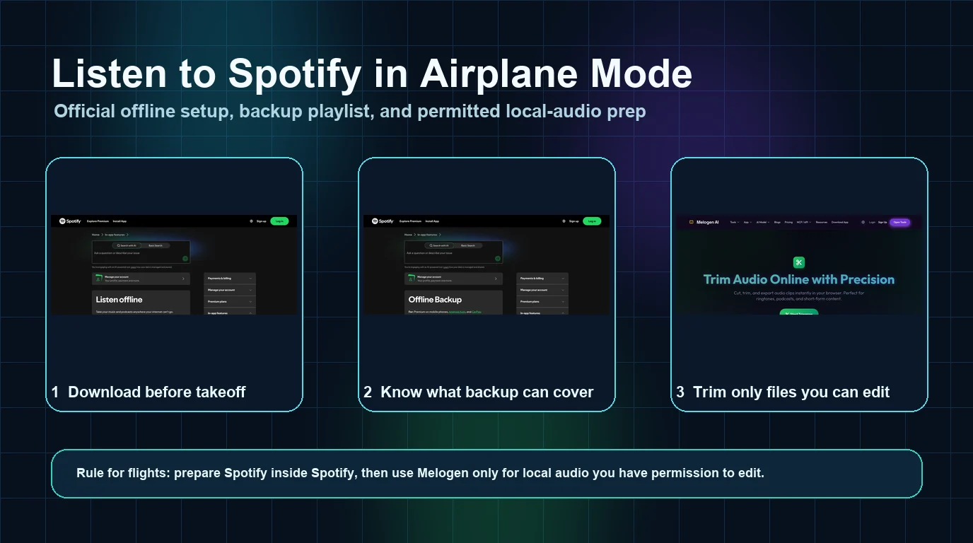 Flight listening workflow showing Spotify offline support and permitted local-audio prep