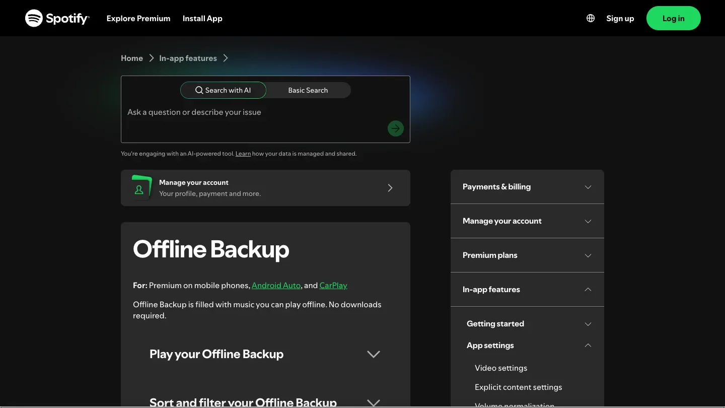 Spotify official Offline Backup support page showing the Premium offline backup feature