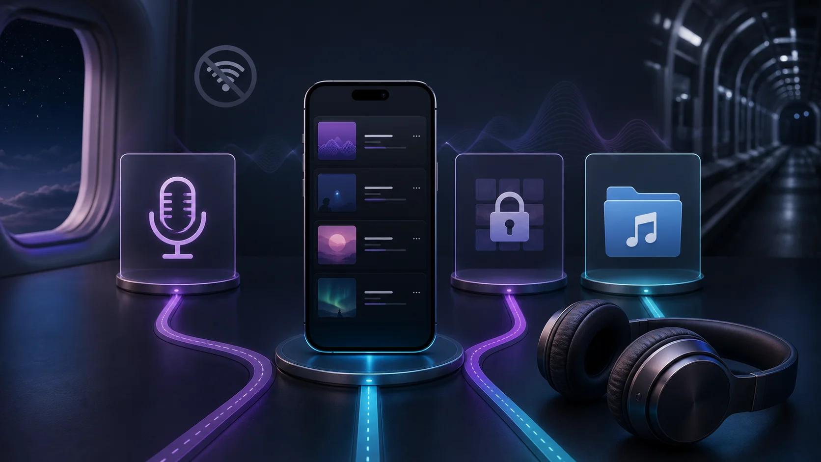 Phone, podcast, locked streaming library, and local audio folder showing lawful offline listening choices