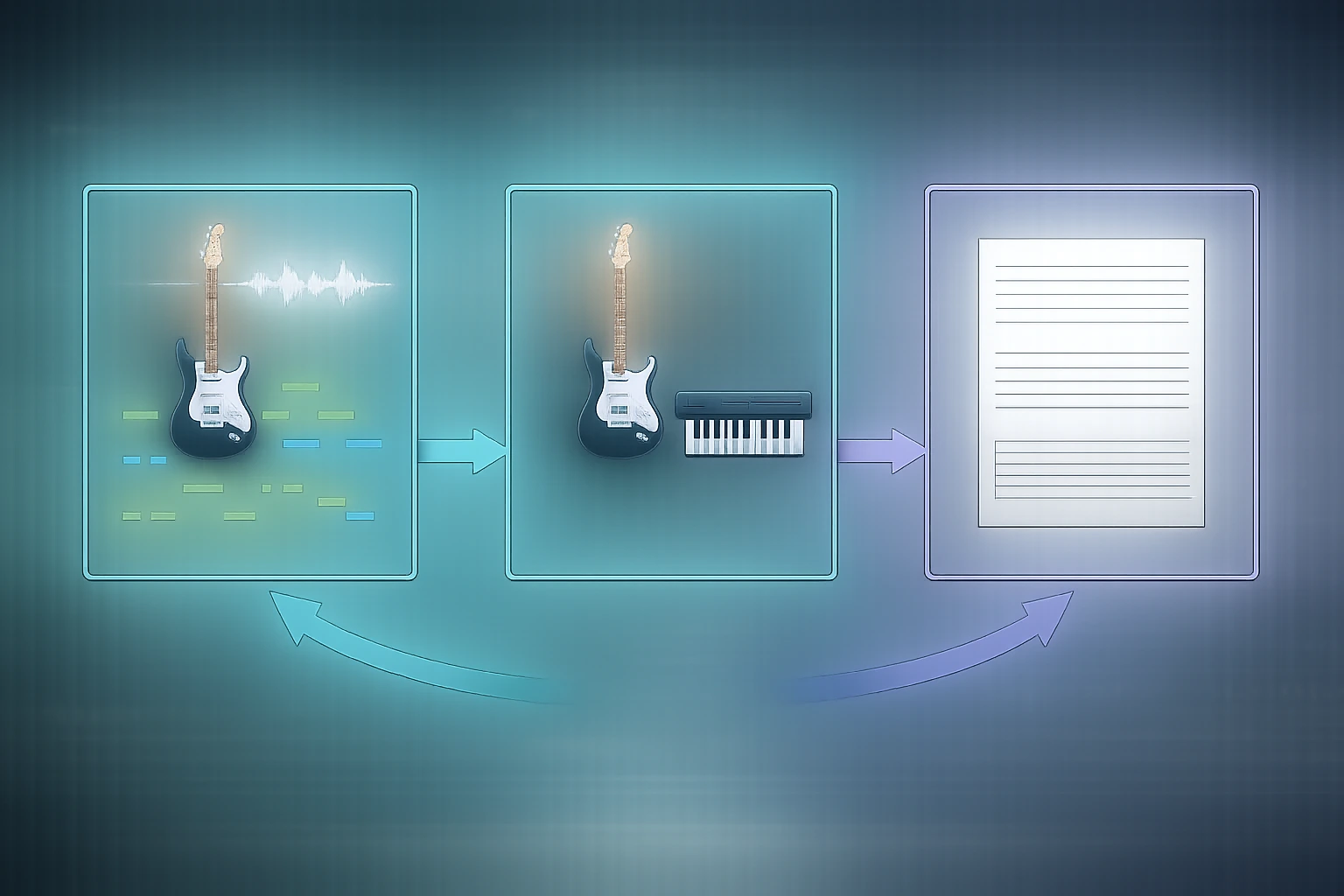 Chitarrista che confronta percorsi audio-to-MIDI, controller e riferimento per lo studio