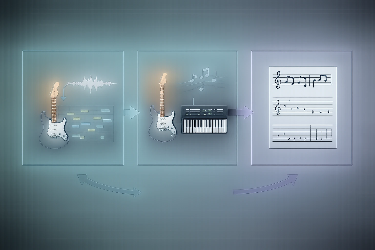 Three guitar workflow options comparing audio-to-MIDI, live controller use, and practice-first reference paths