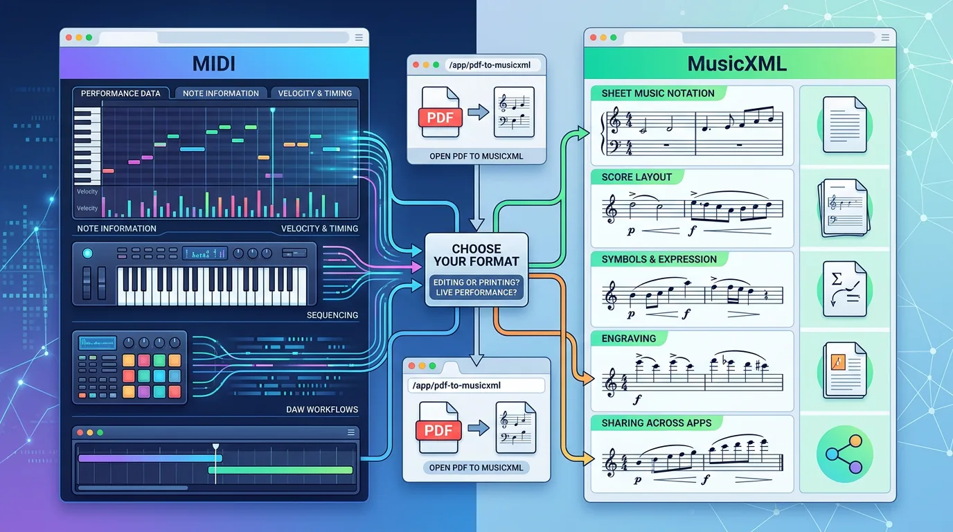 Illustrazione editoriale che confronta MIDI e MusicXML per musicisti