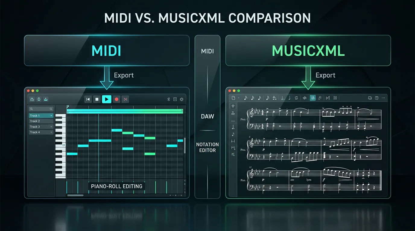 Decision map comparing MIDI playback lanes with MusicXML notation editing