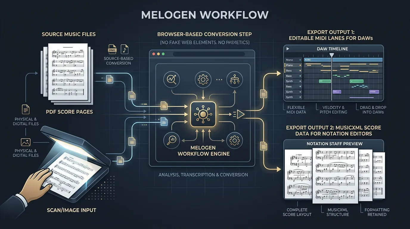 Melogen workflow showing PDF or sheet music routed to MIDI and MusicXML outputs