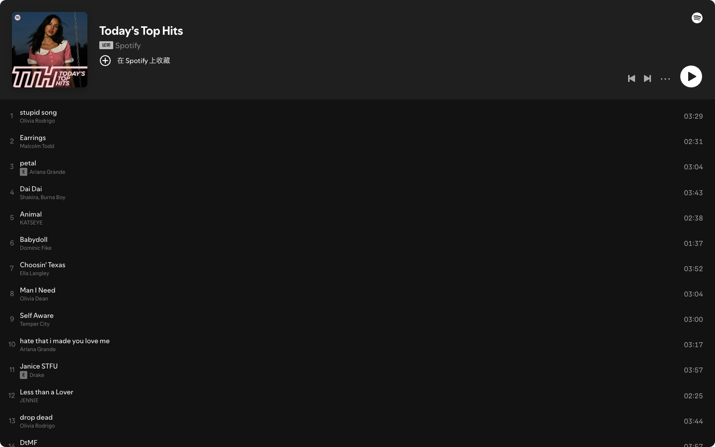 Today’s Top Hits official public Spotify playlist page