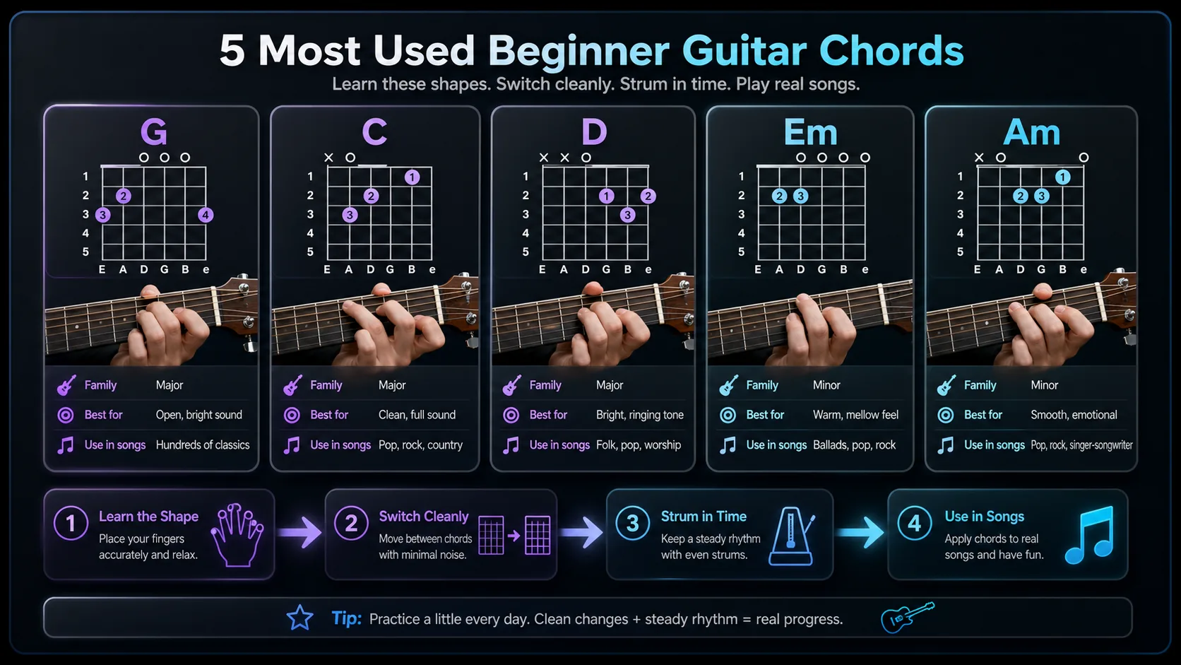 Beginner guitar chord path showing G, C, D, Em, and Am with a learn, switch, strum, and song workflow