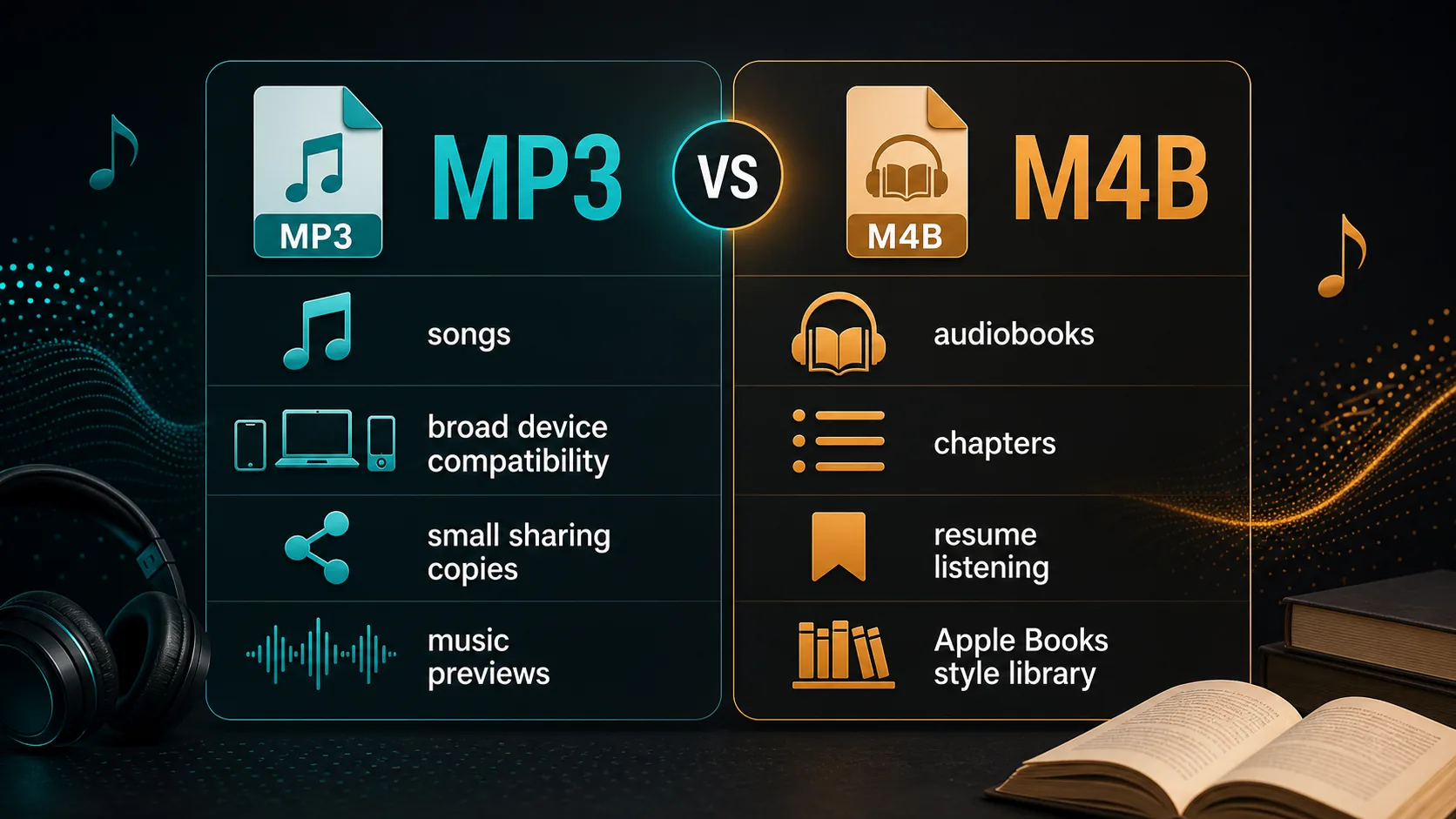 MP3 and M4B comparison map for songs device compatibility chapters and resume listening