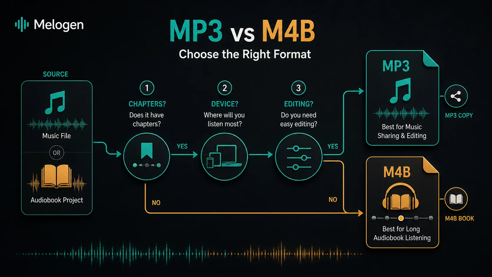 Decision flow for choosing MP3 or M4B from source audio chapters device support and editing needs