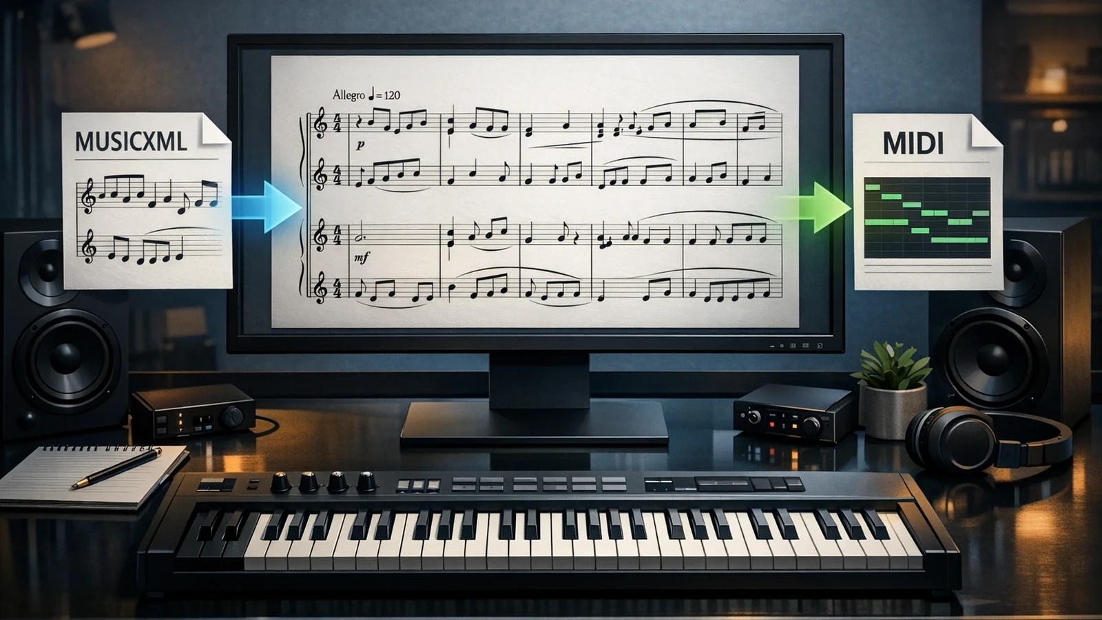 Workflow di notazione desktop con spartito, MusicXML e passaggio MIDI