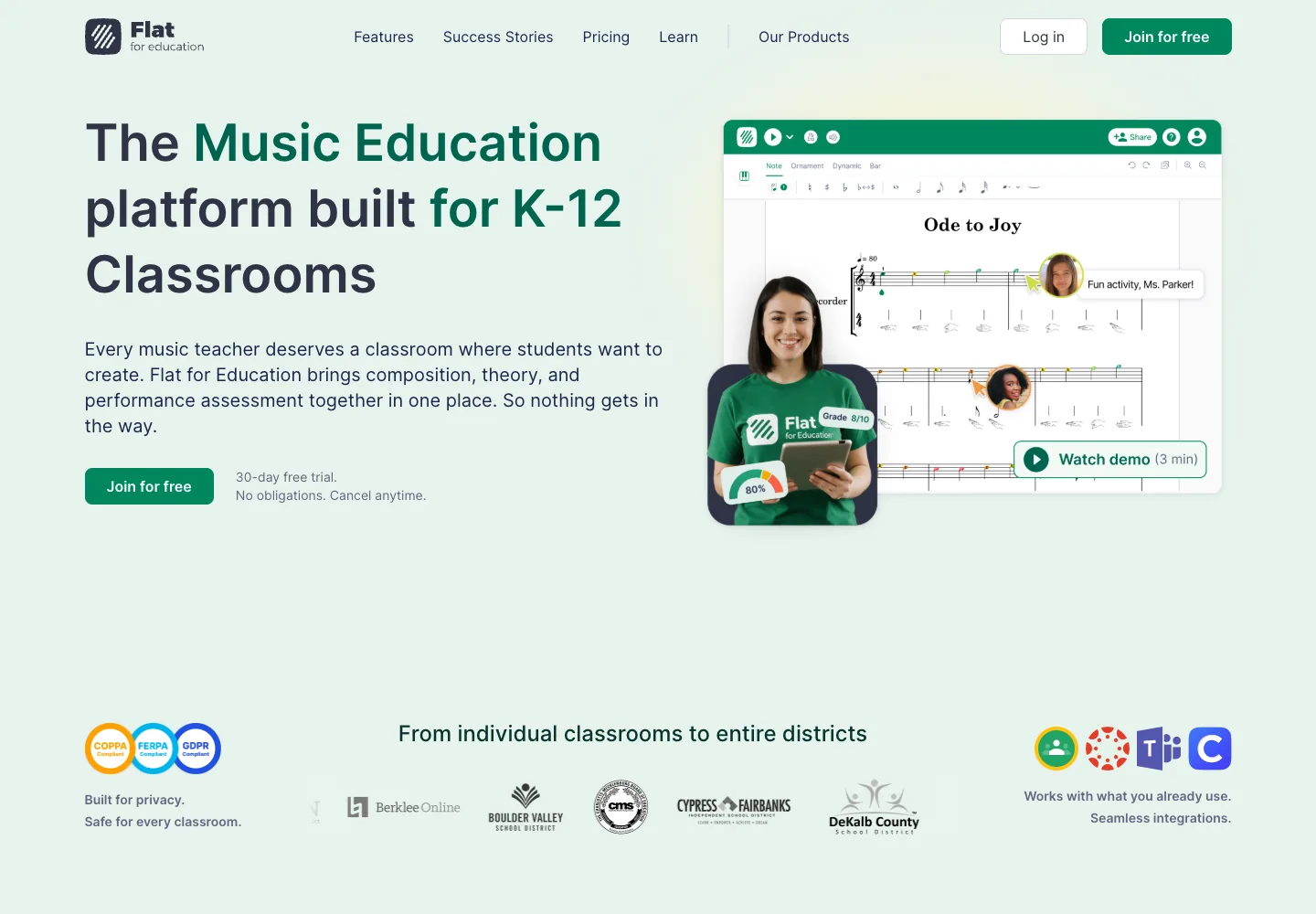 Flat for Education official product page for K-12 music notation classrooms