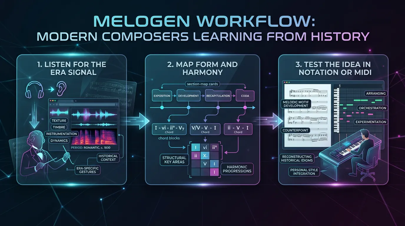 Composer workflow map connecting historical techniques to modern structure checks