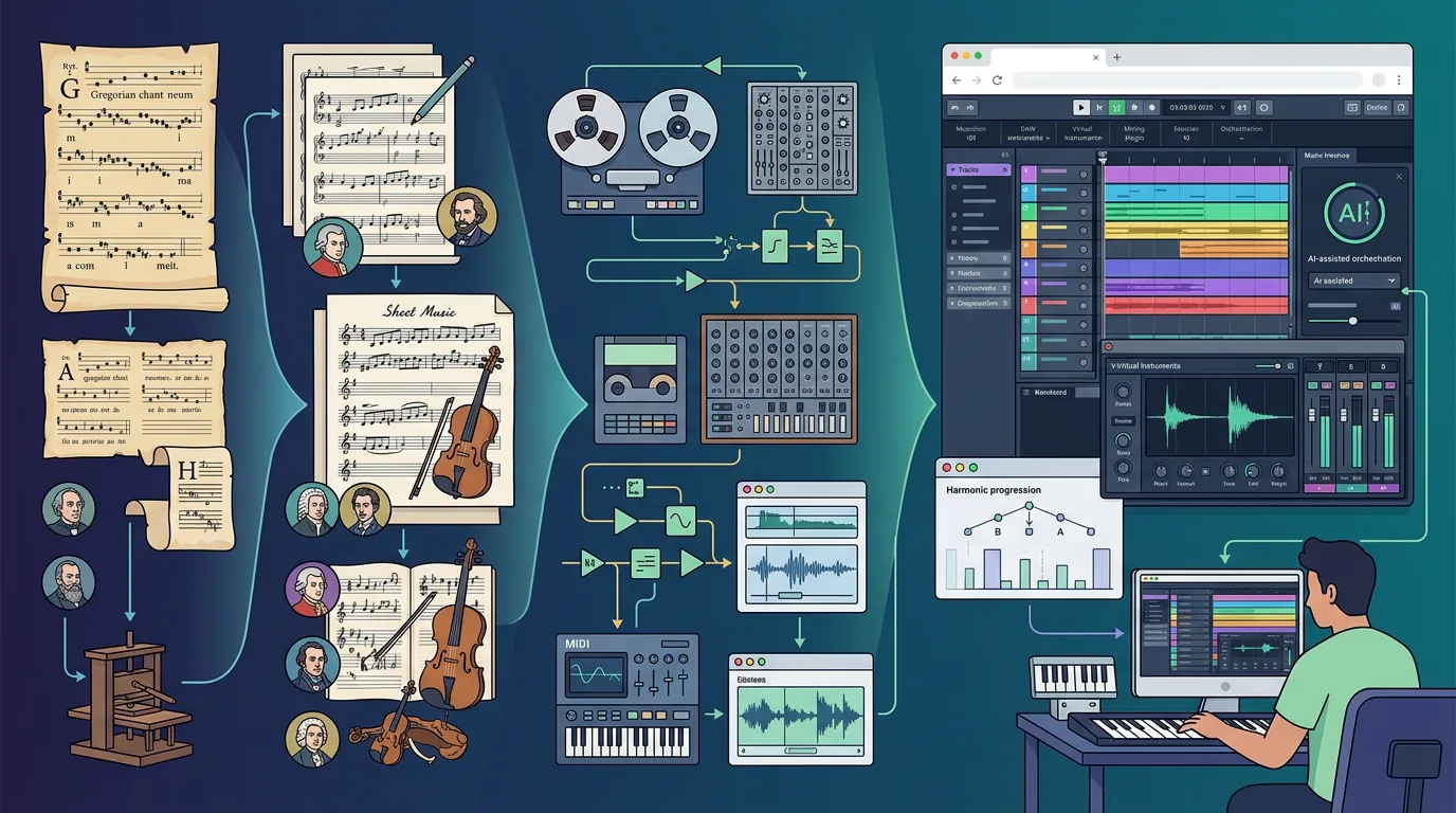 Timeline of composition history with notation, harmony, form, and modern production layers