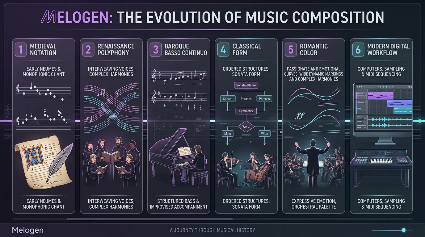 Timeline of music composition history from medieval notation to modern digital workflows