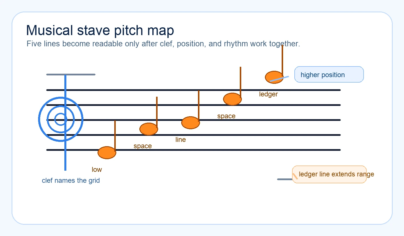 오선보의 다섯 줄, 음표 위치, 음자리표, 덧줄 관계를 보여 주는 음높이 지도