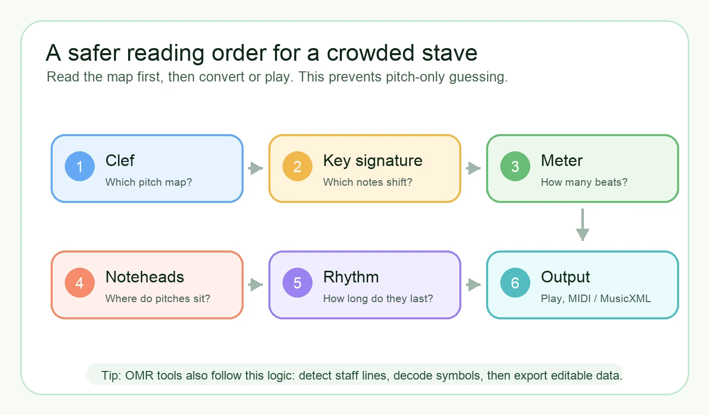 복잡한 오선보를 음자리표, 조표, 박자, 음표, 리듬, 출력 순서로 읽는 다이어그램