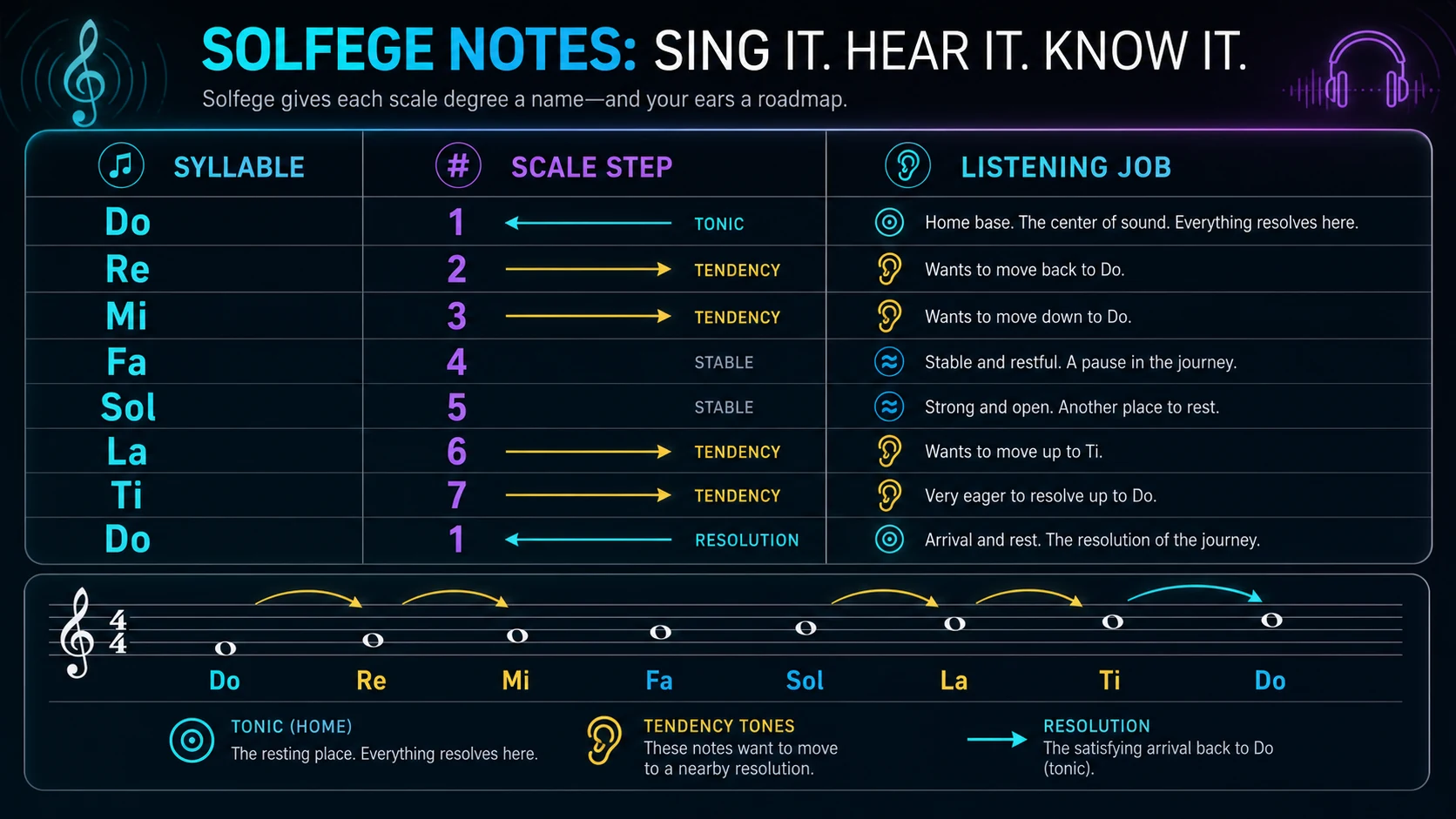 Solfege notes mapped to scale steps and listening jobs