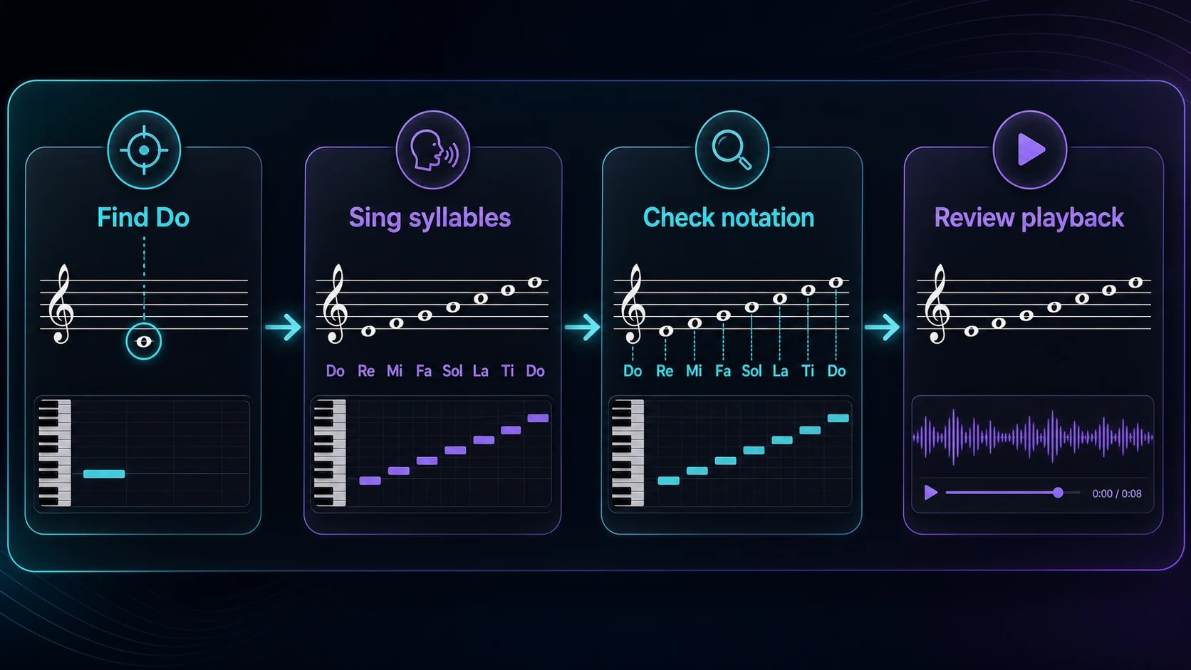 Practice workflow for finding Do, singing syllables, checking notation, and reviewing playback